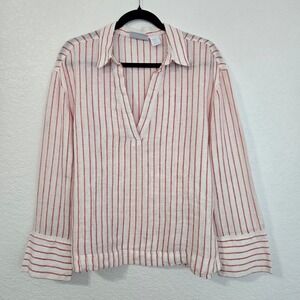 Martha Stewart Linen Striped V Neck Long Sleeve Top Women's Size Medium